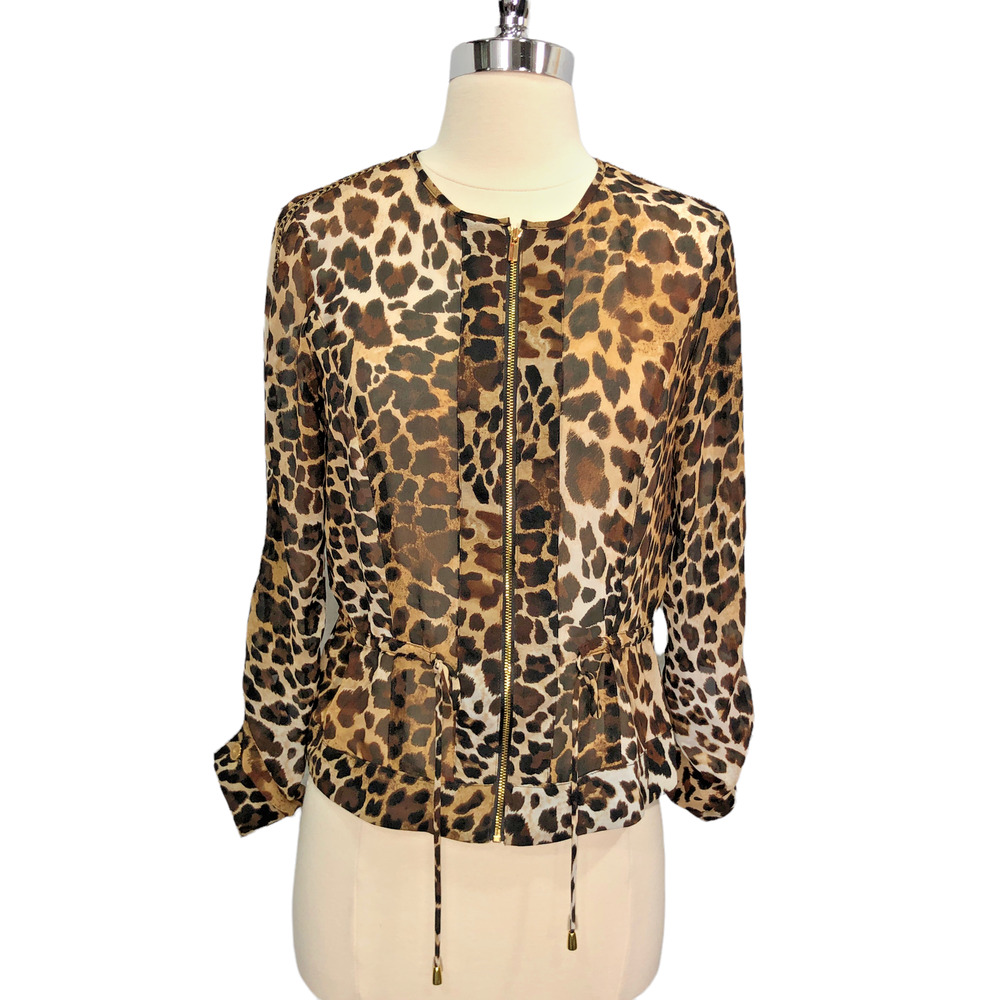 Cache Womens Size 0 Leopard Sheer Blouson Full Zip Front Jacket Gold Zipper